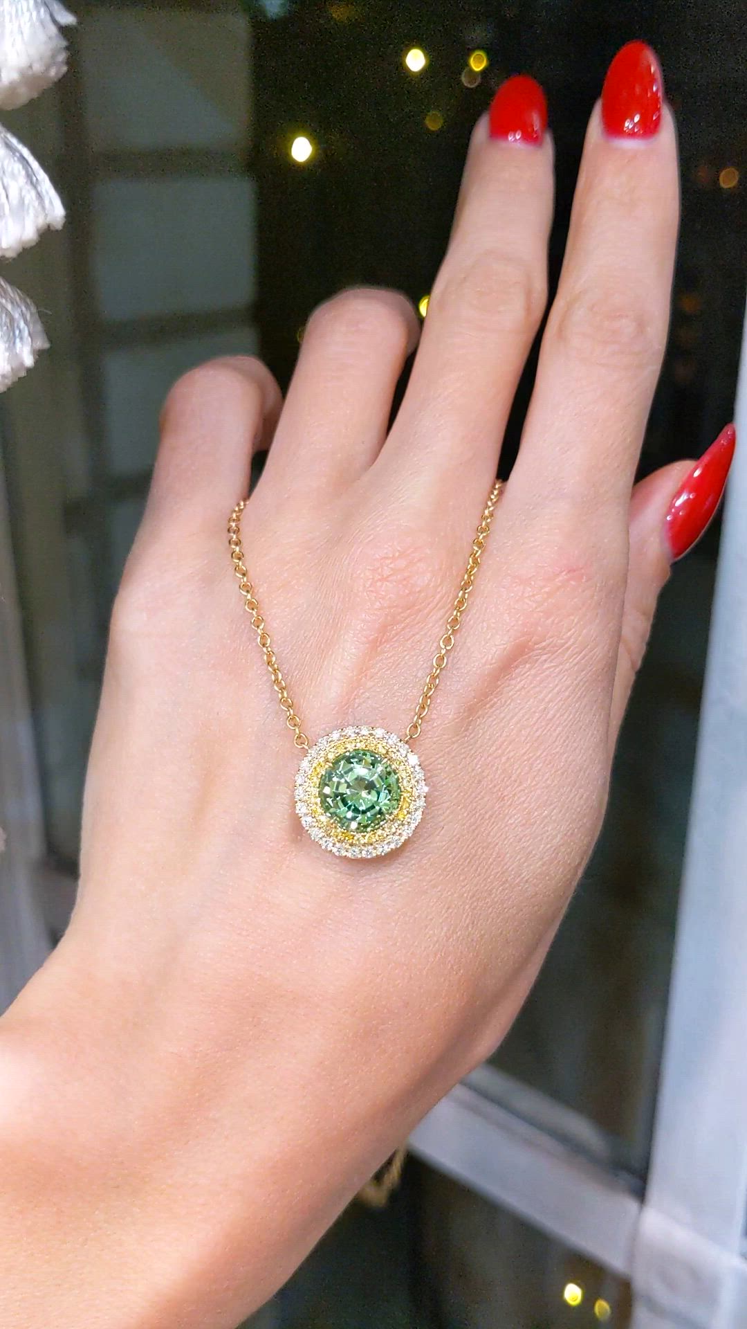 3.56 Ct. Bluish Green Tourmaline and Mixed Natural Diamond Halo Pendant, 18K Yellow Gold Size Video