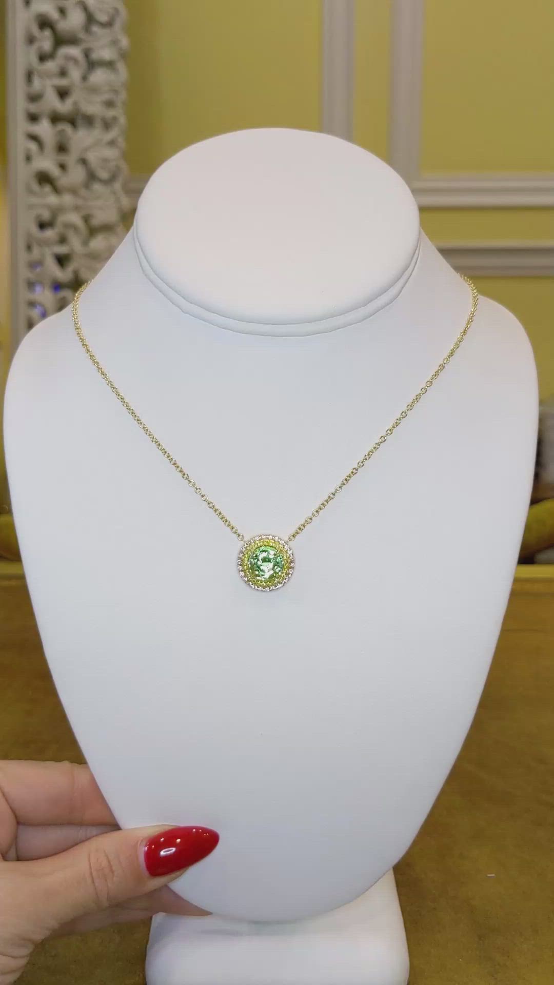 3.56 Ct. Bluish Green Tourmaline and Mixed Natural Diamond Halo Pendant, 18K Yellow Gold Size Video