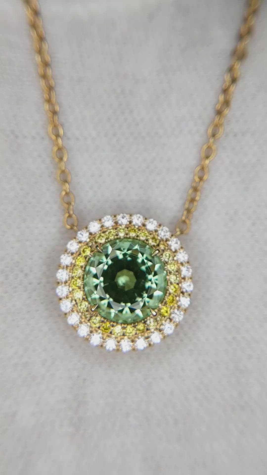 3.56 Ct. Bluish Green Tourmaline and Mixed Natural Diamond Halo Pendant, 18K Yellow Gold Size Video
