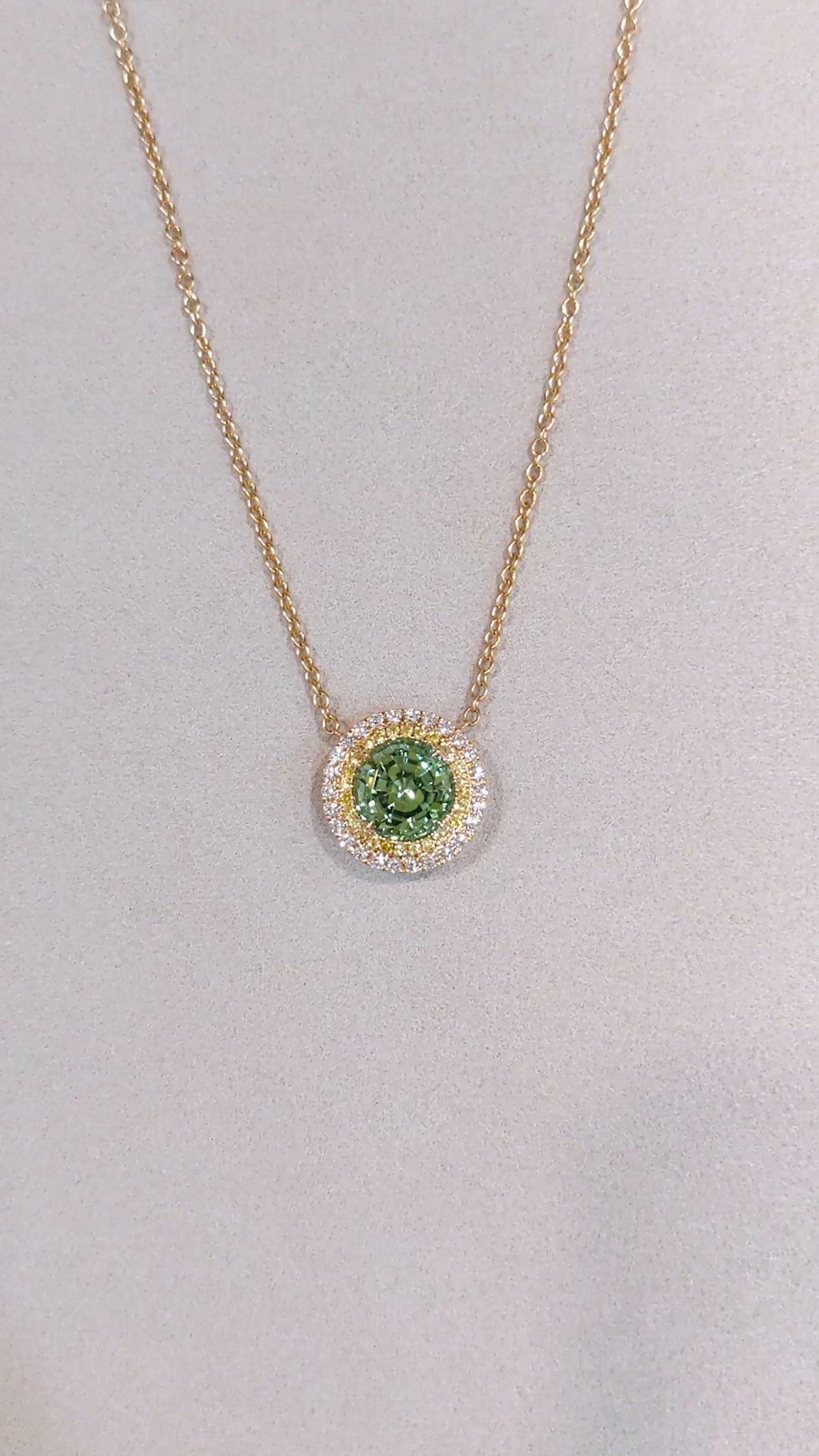 3.56 Ct. Bluish Green Tourmaline and Mixed Natural Diamond Halo Pendant, 18K Yellow Gold Size Video