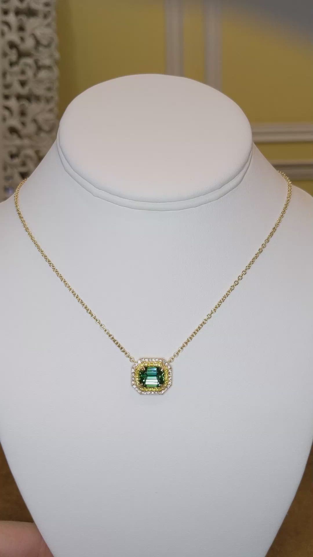 3.38 Ct. Bluish Green Tourmaline and Mixed Natural Diamond Halo Pendant, 18K Yellow Gold Size Video