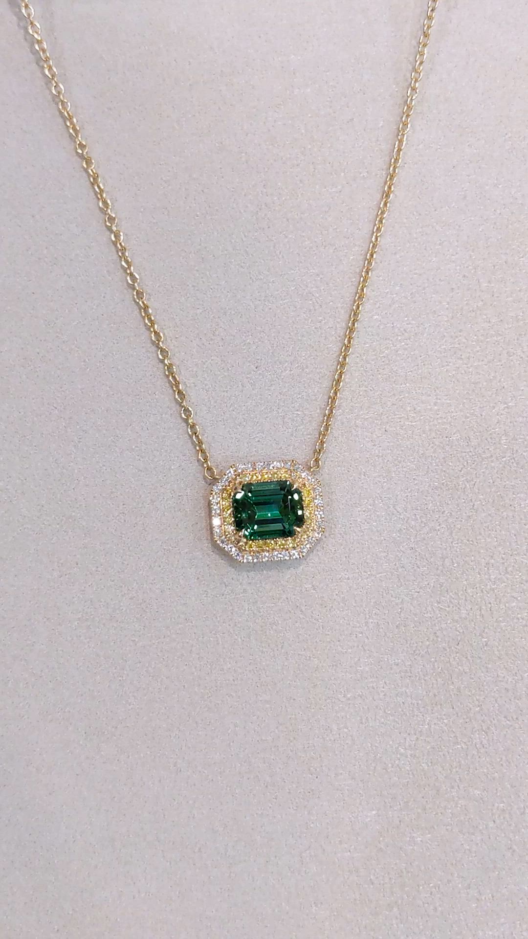 3.38 Ct. Bluish Green Tourmaline and Mixed Natural Diamond Halo Pendant, 18K Yellow Gold Size Video