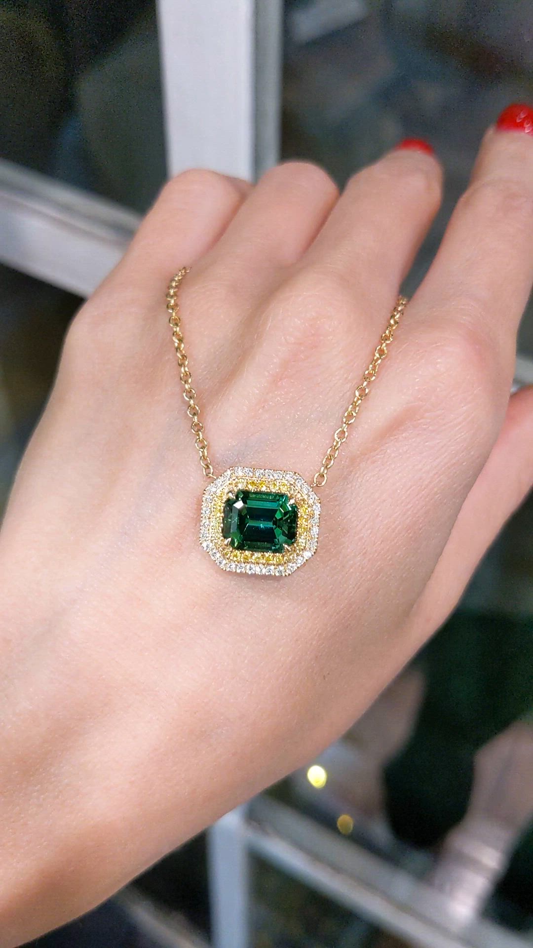 3.38 Ct. Bluish Green Tourmaline and Mixed Natural Diamond Halo Pendant, 18K Yellow Gold Size Video