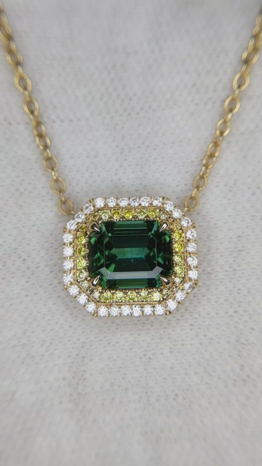 3.38 Ct. Bluish Green Tourmaline and Mixed Natural Diamond Halo Pendant, 18K Yellow Gold Size Video