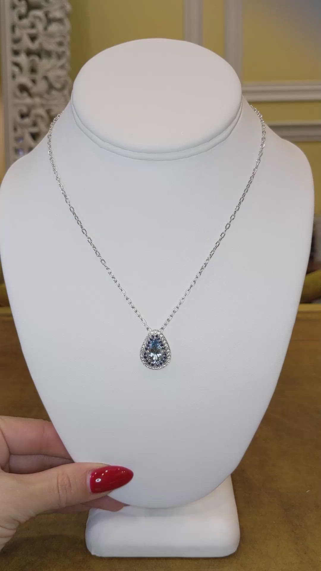 2.24 Ct. Blue Aquamarine, Blue Sapphire and Natural Diamond Halo Pendant, 18K White Gold Size Video