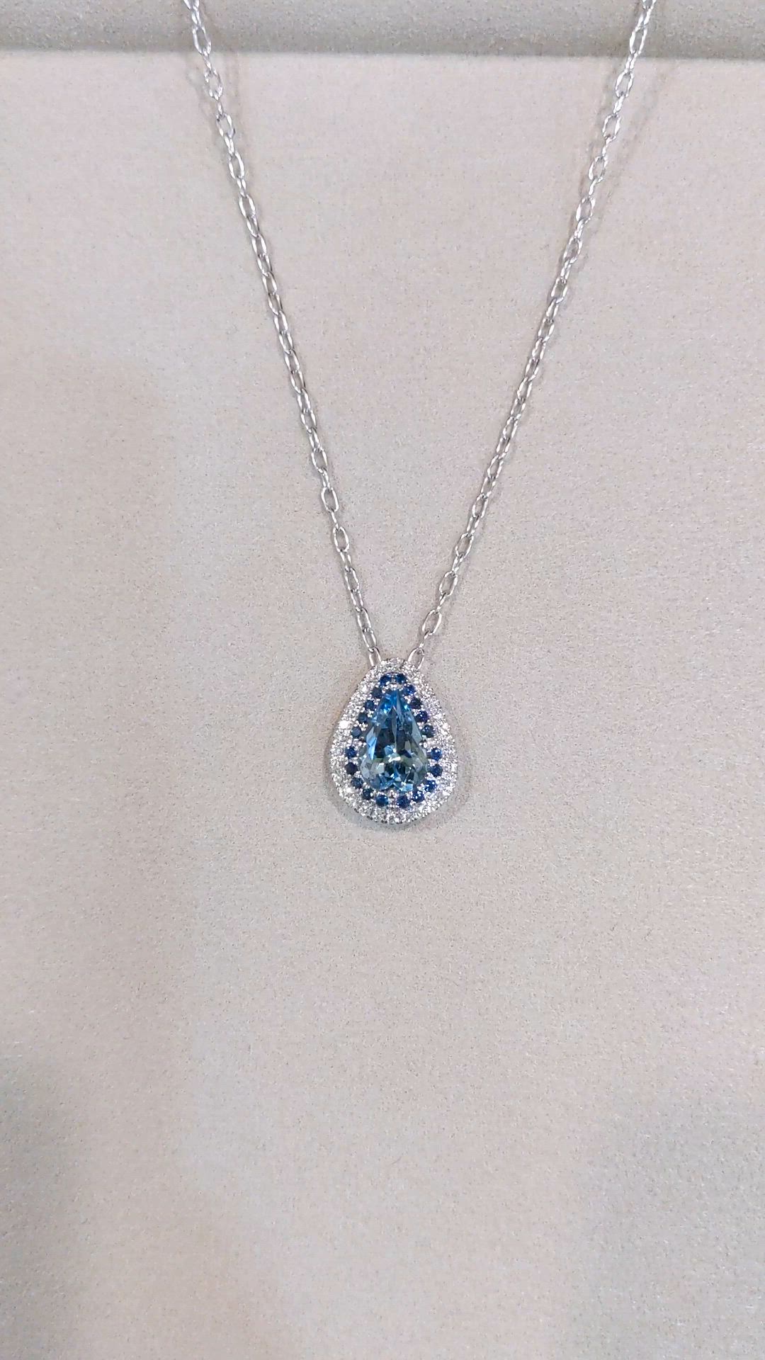 2.24 Ct. Blue Aquamarine, Blue Sapphire and Natural Diamond Halo Pendant, 18K White Gold Size Video