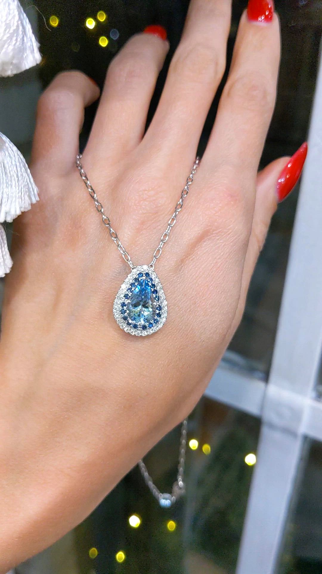 2.24 Ct. Blue Aquamarine, Blue Sapphire and Natural Diamond Halo Pendant, 18K White Gold Size Video