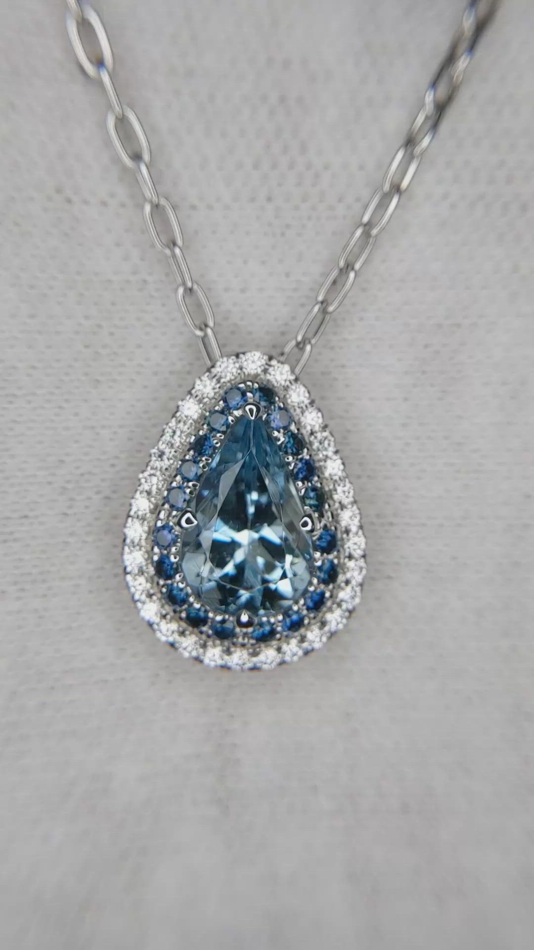 2.24 Ct. Blue Aquamarine, Blue Sapphire and Natural Diamond Halo Pendant, 18K White Gold Size Video