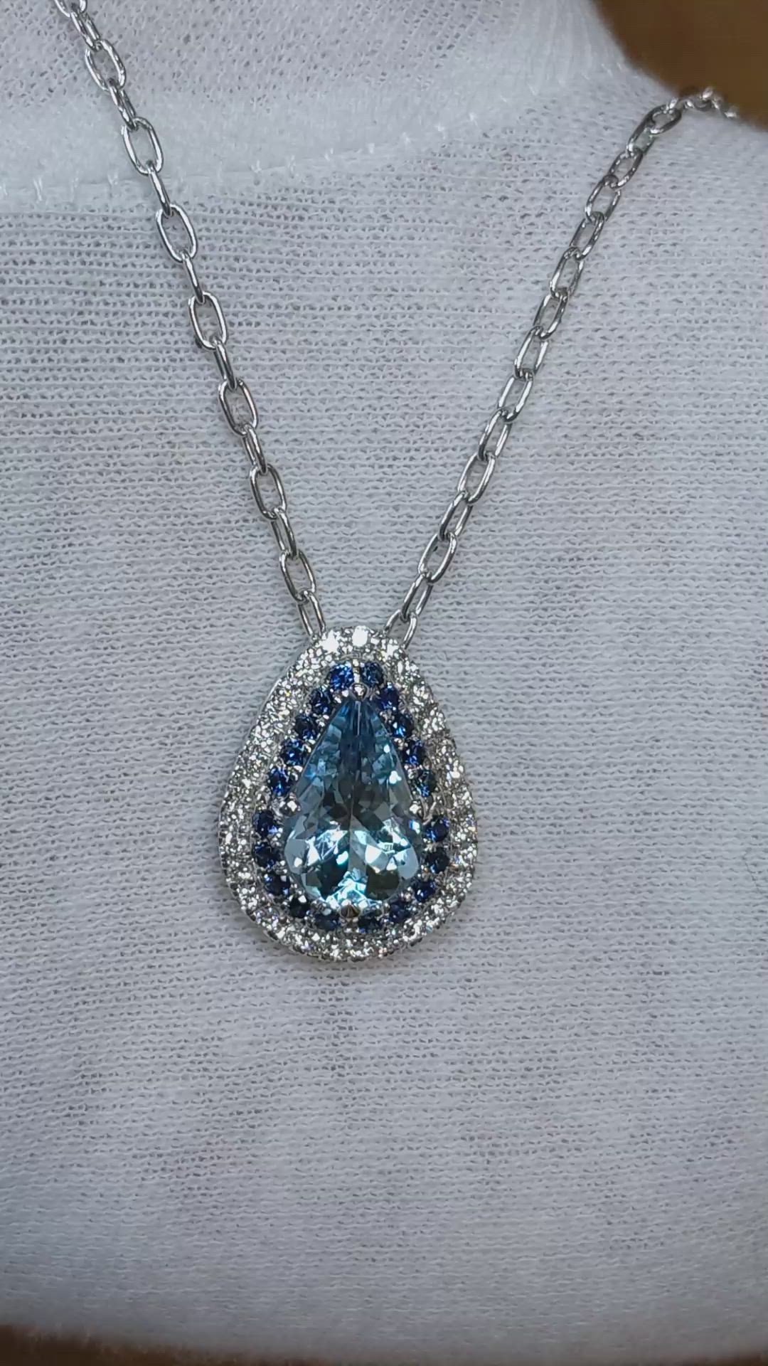 2.24 Ct. Blue Aquamarine, Blue Sapphire and Natural Diamond Halo Pendant, 18K White Gold Size Video