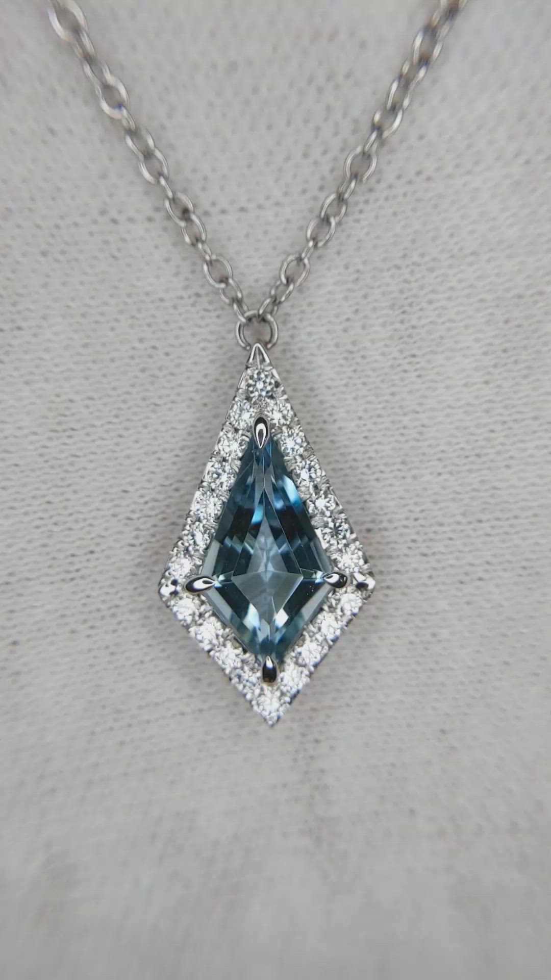 1.97 Ct. Blue Aquamarine and Natural Diamond Halo Pendant, 14K White Gold Size Video