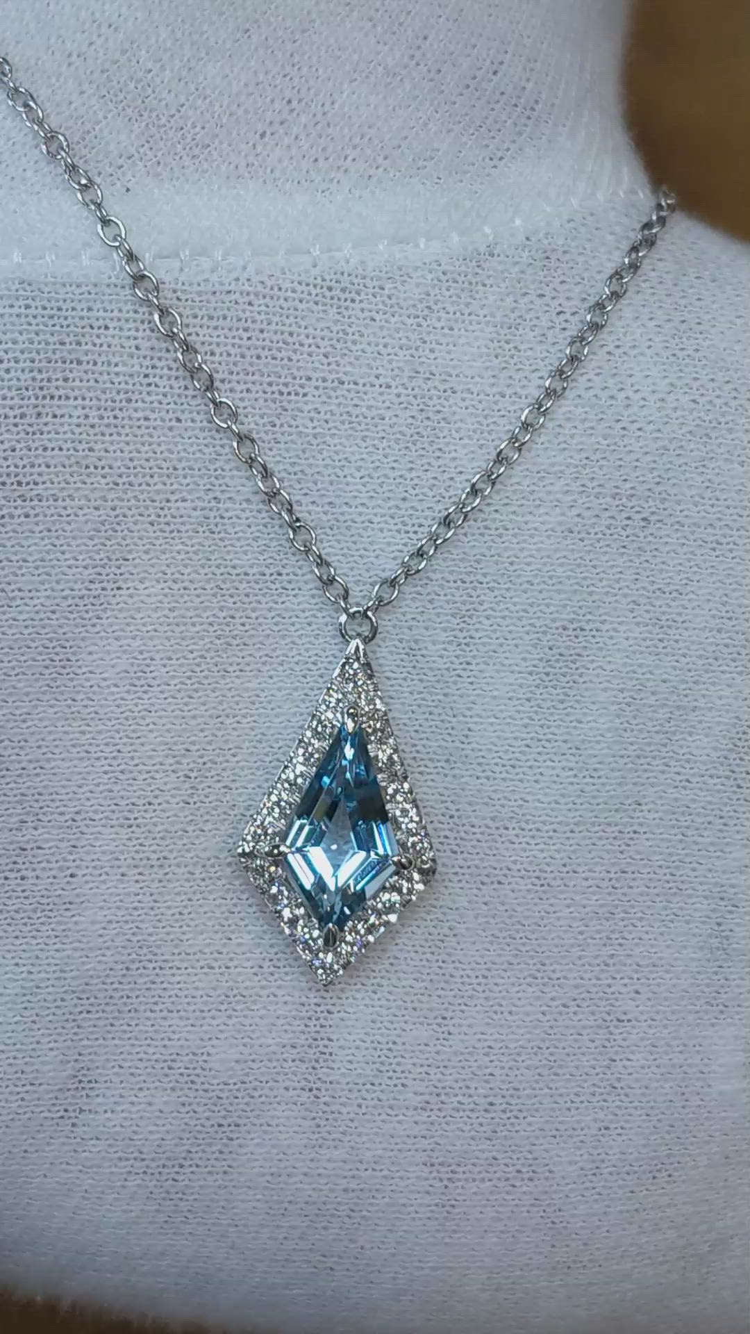 1.97 Ct. Blue Aquamarine and Natural Diamond Halo Pendant, 14K White Gold Size Video