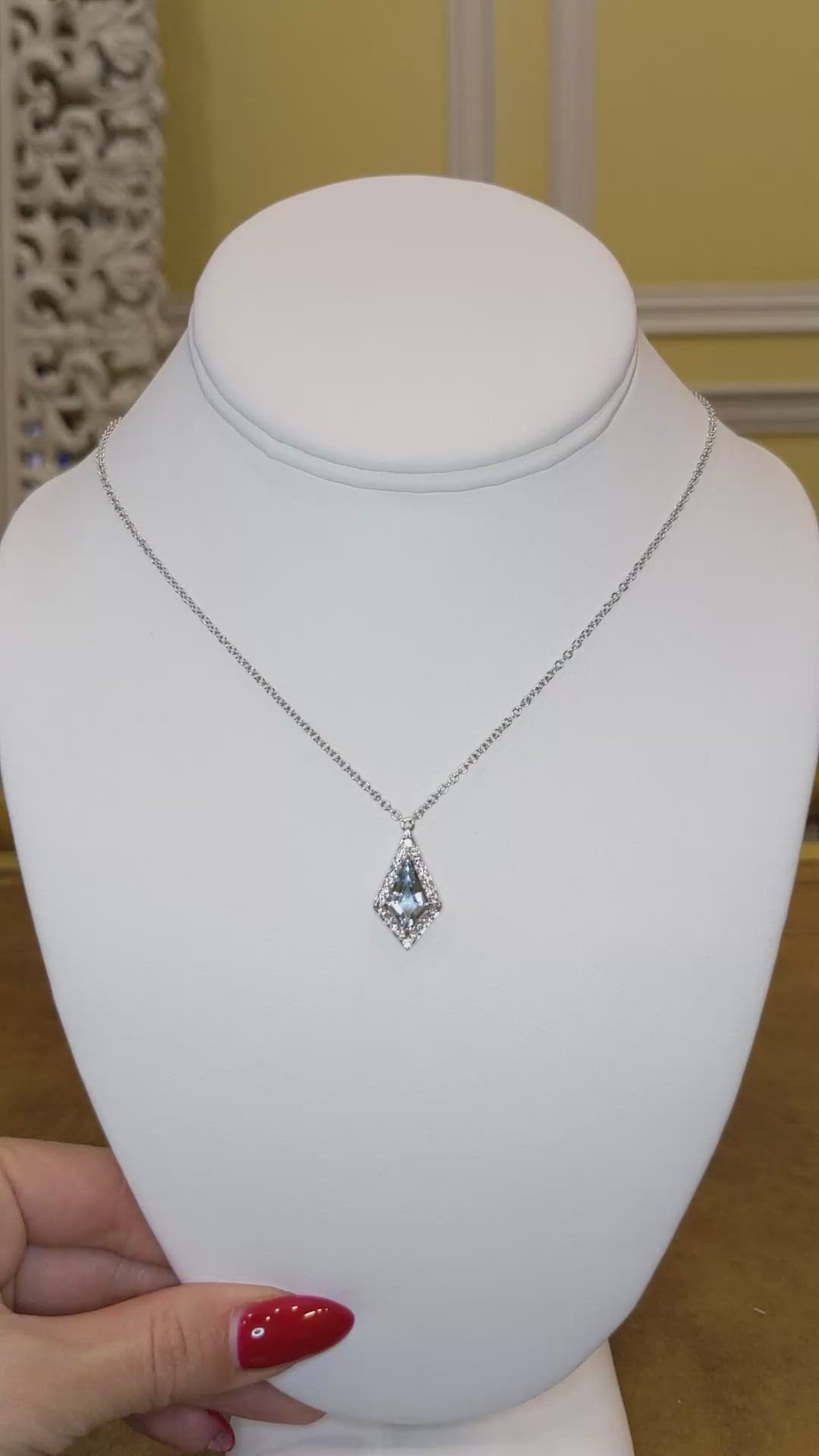 1.97 Ct. Blue Aquamarine and Natural Diamond Halo Pendant, 14K White Gold Size Video