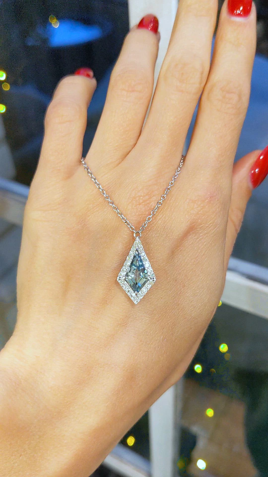 1.97 Ct. Blue Aquamarine and Natural Diamond Halo Pendant, 14K White Gold Size Video