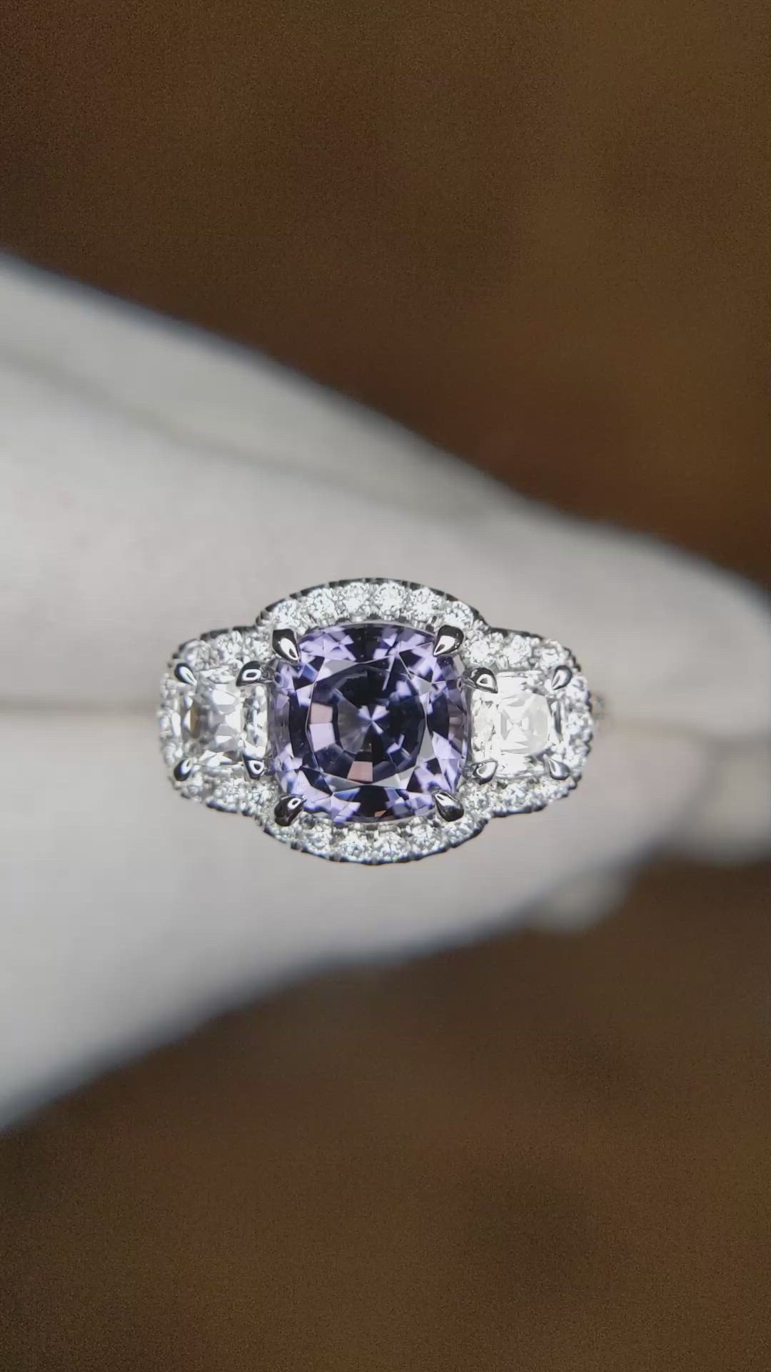 2.30 Ct. Purple Spinel and Natural Diamond Pave Ring, Platinum 950 Size Video
