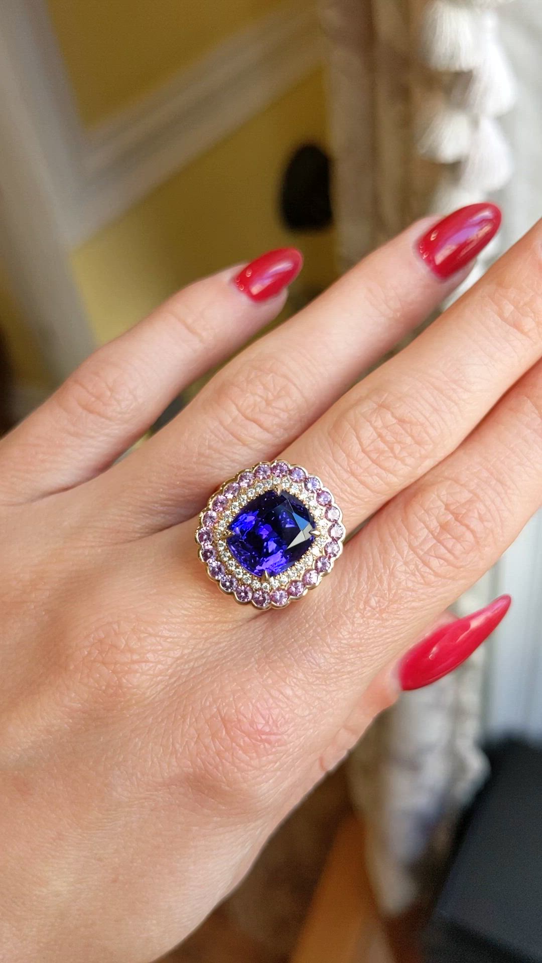 6.59 Ct. Blue Tanzanite, Pink Sapphire and Natural Diamond Halo Ring, 18K Rose Gold Size Video