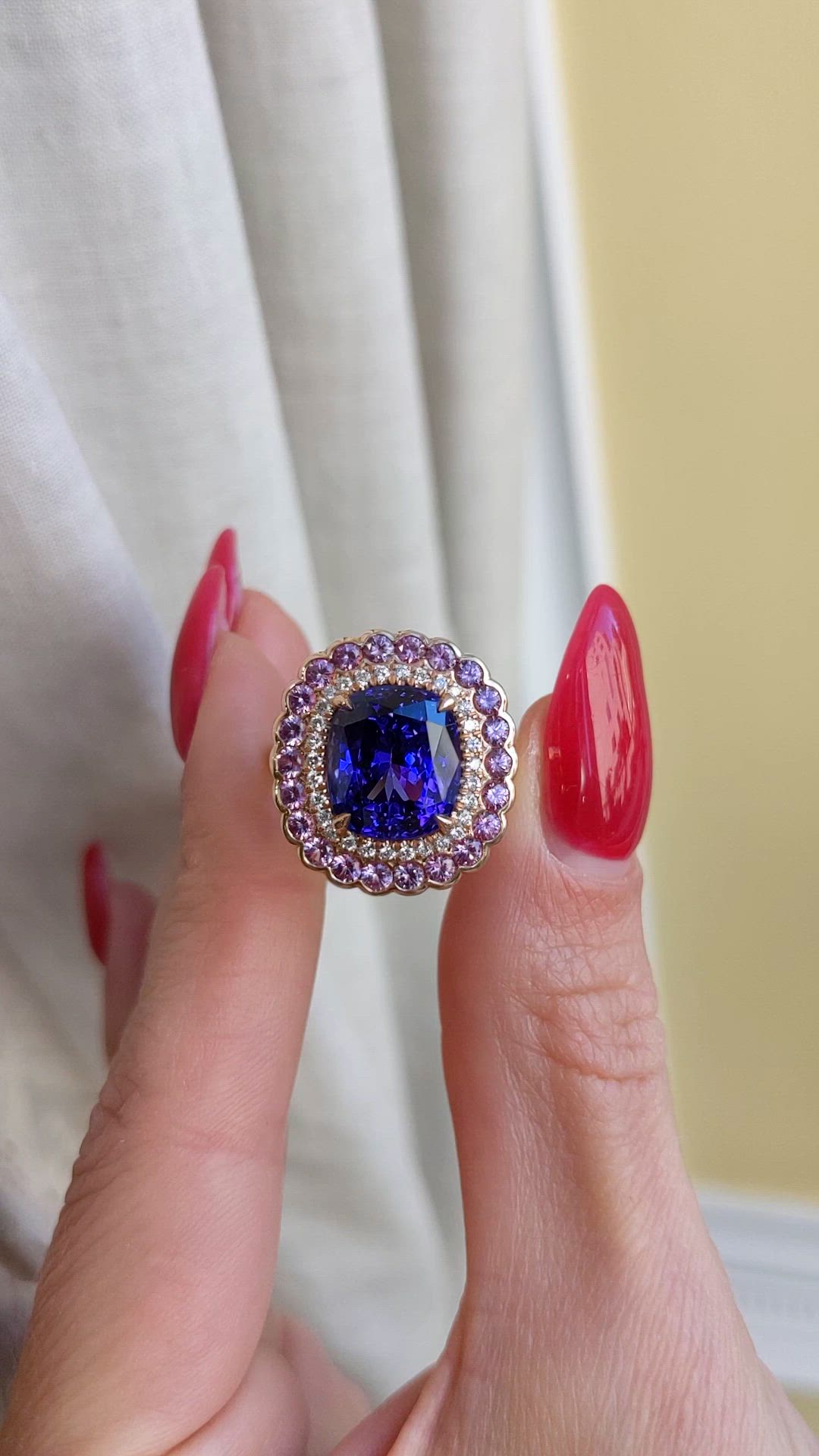 6.59 Ct. Blue Tanzanite, Pink Sapphire and Natural Diamond Halo Ring, 18K Rose Gold Size Video