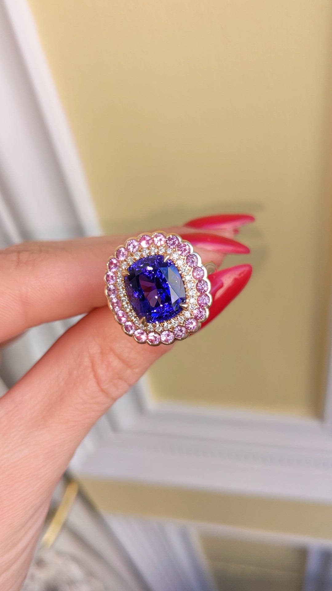 6.59 Ct. Blue Tanzanite, Pink Sapphire and Natural Diamond Halo Ring, 18K Rose Gold Size Video