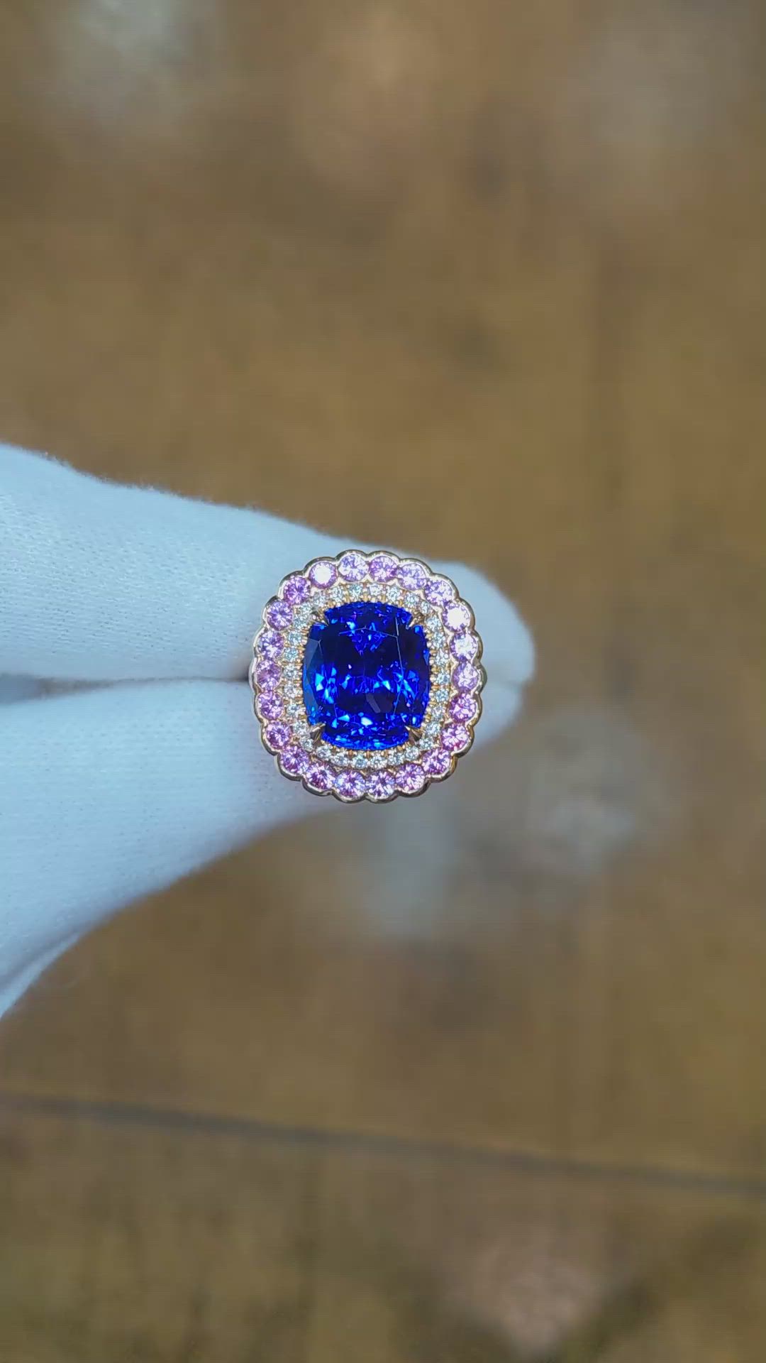 6.59 Ct. Blue Tanzanite, Pink Sapphire and Natural Diamond Halo Ring, 18K Rose Gold Size Video