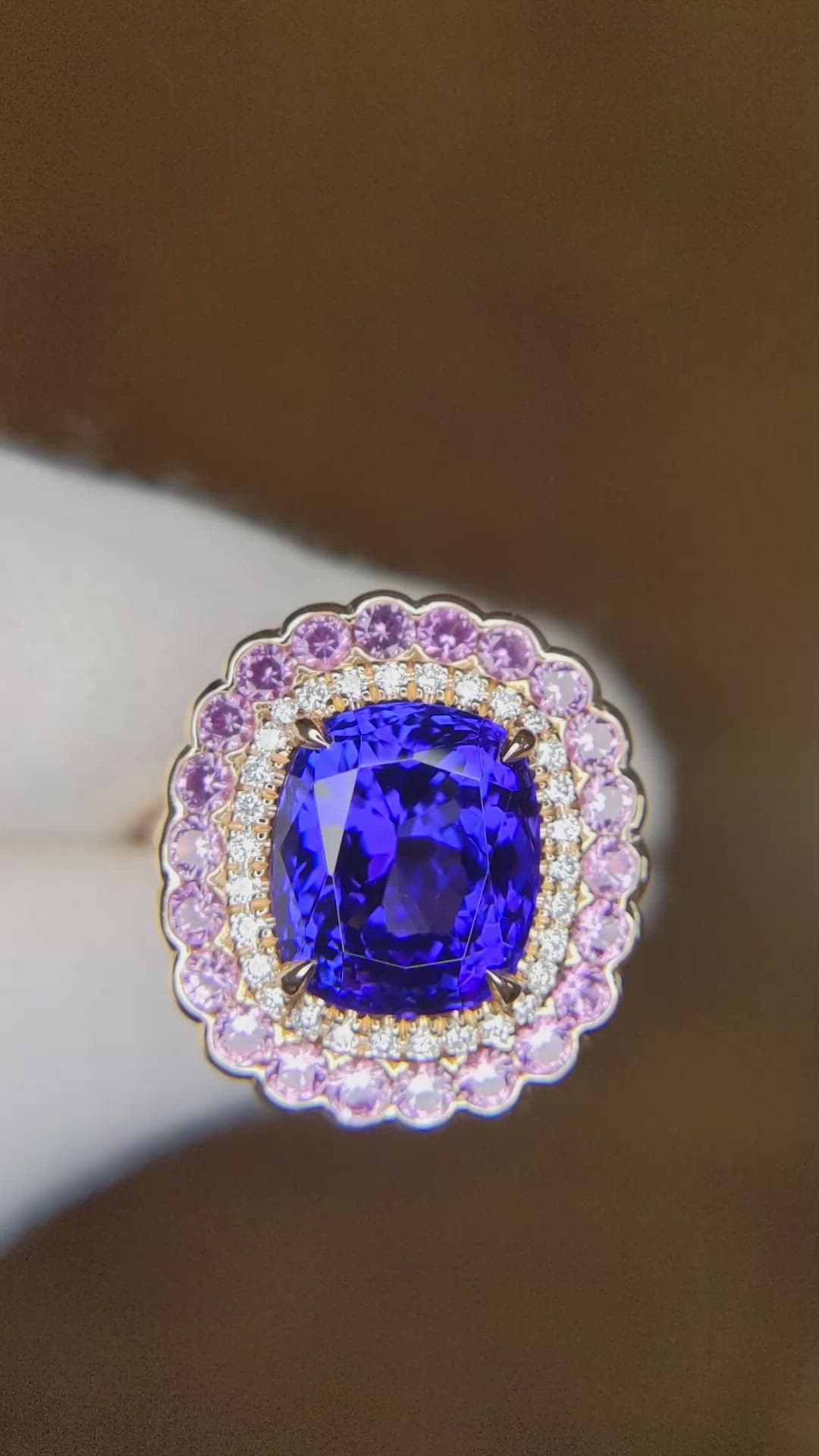 6.59 Ct. Blue Tanzanite, Pink Sapphire and Natural Diamond Halo Ring, 18K Rose Gold Size Video