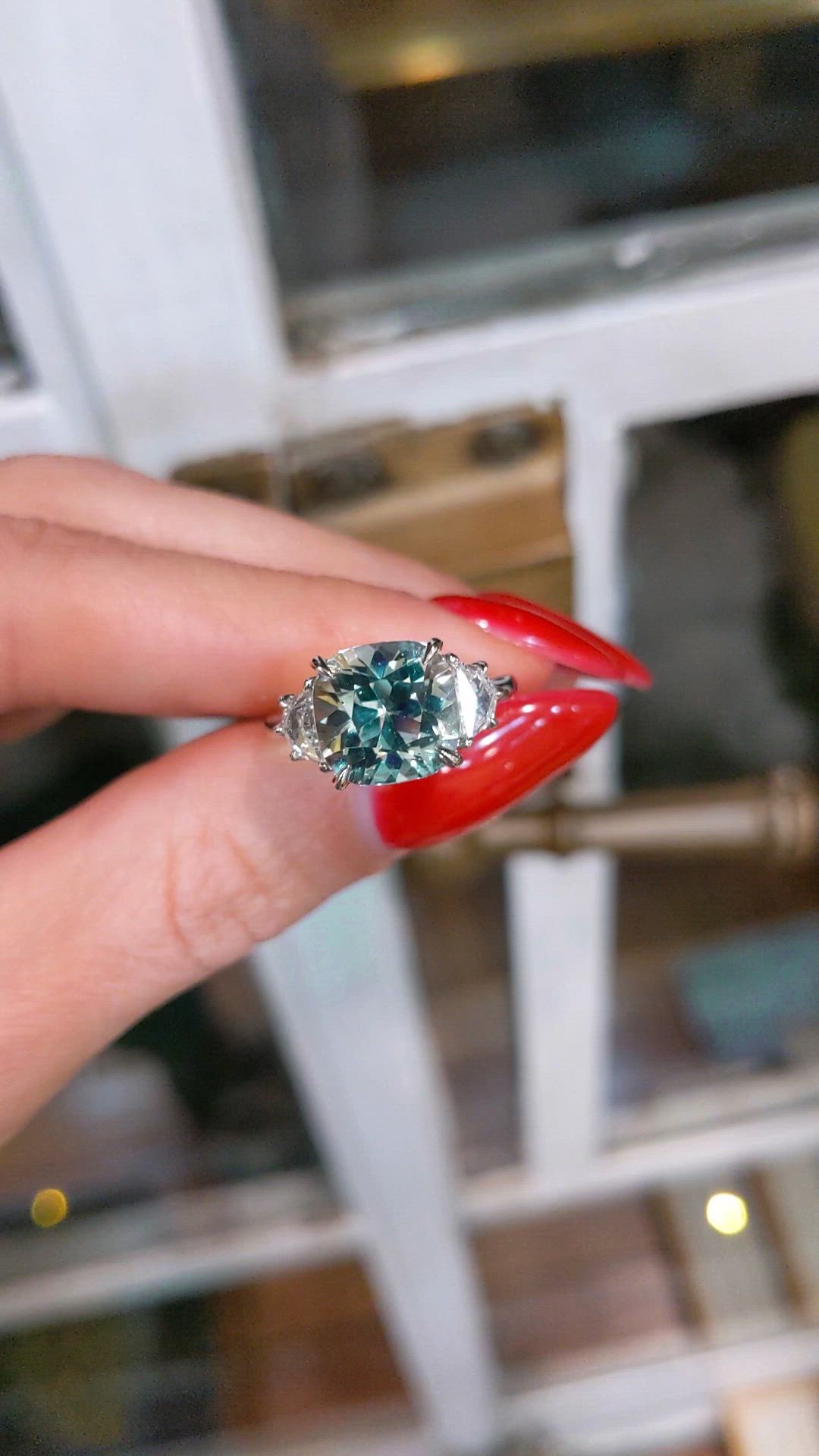 3.91 Ct. Green Beryl and Natural Diamond Three Stone Ring, Platinum 950 Size Video