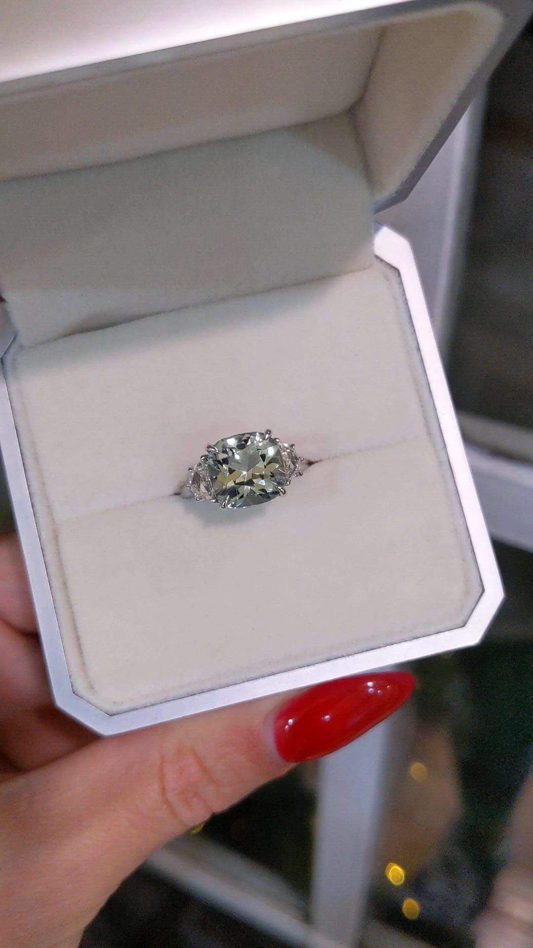 3.91 Ct. Green Beryl and Natural Diamond Three Stone Ring, Platinum 950 Size Video