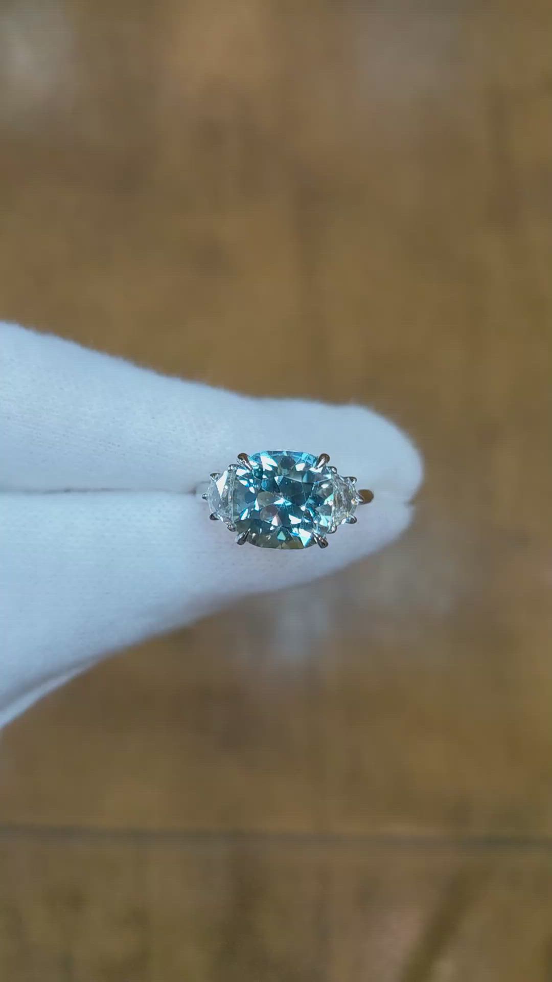 3.91 Ct. Green Beryl and Natural Diamond Three Stone Ring, Platinum 950 Size Video