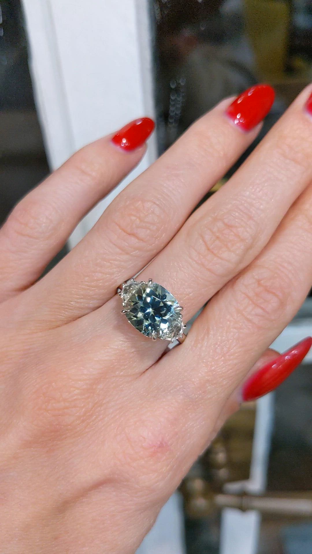 3.91 Ct. Green Beryl and Natural Diamond Three Stone Ring, Platinum 950 Size Video