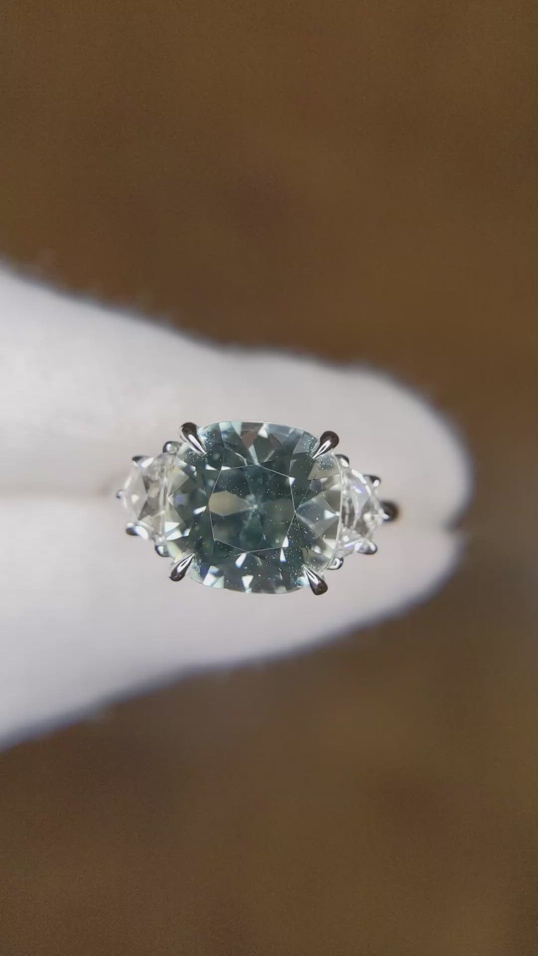 3.91 Ct. Green Beryl and Natural Diamond Three Stone Ring, Platinum 950 Size Video