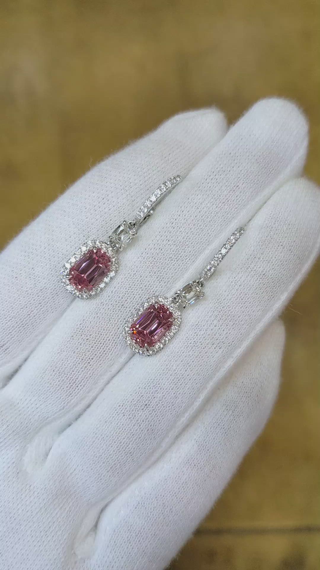 3.50&nbsp;Ct.Tw.Total Carat Weight Pink Spinel and Natural Diamond Pave Earrings, 18K White Gold Size Video