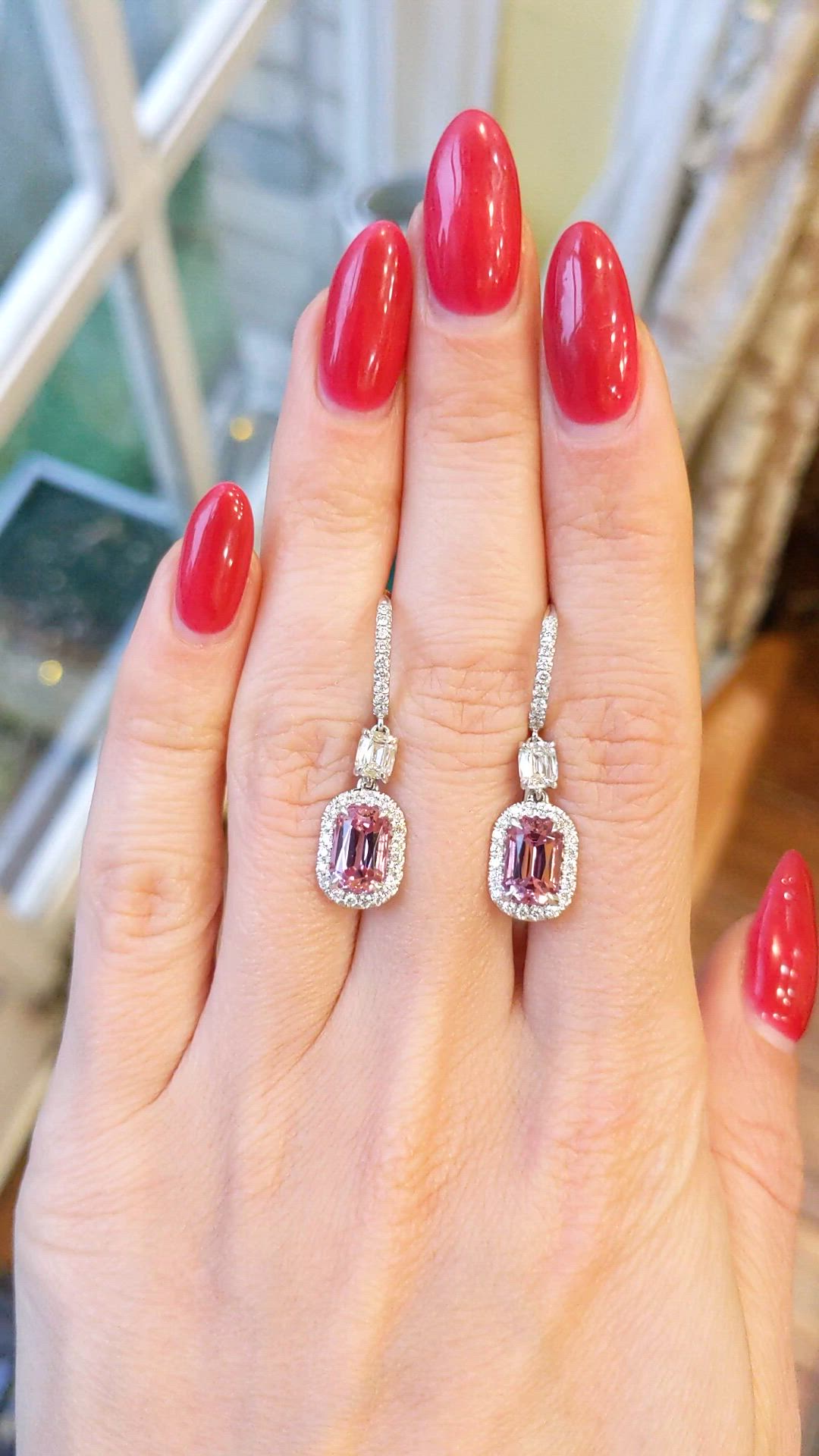 3.50&nbsp;Ct.Tw.Total Carat Weight Pink Spinel and Natural Diamond Pave Earrings, 18K White Gold Size Video