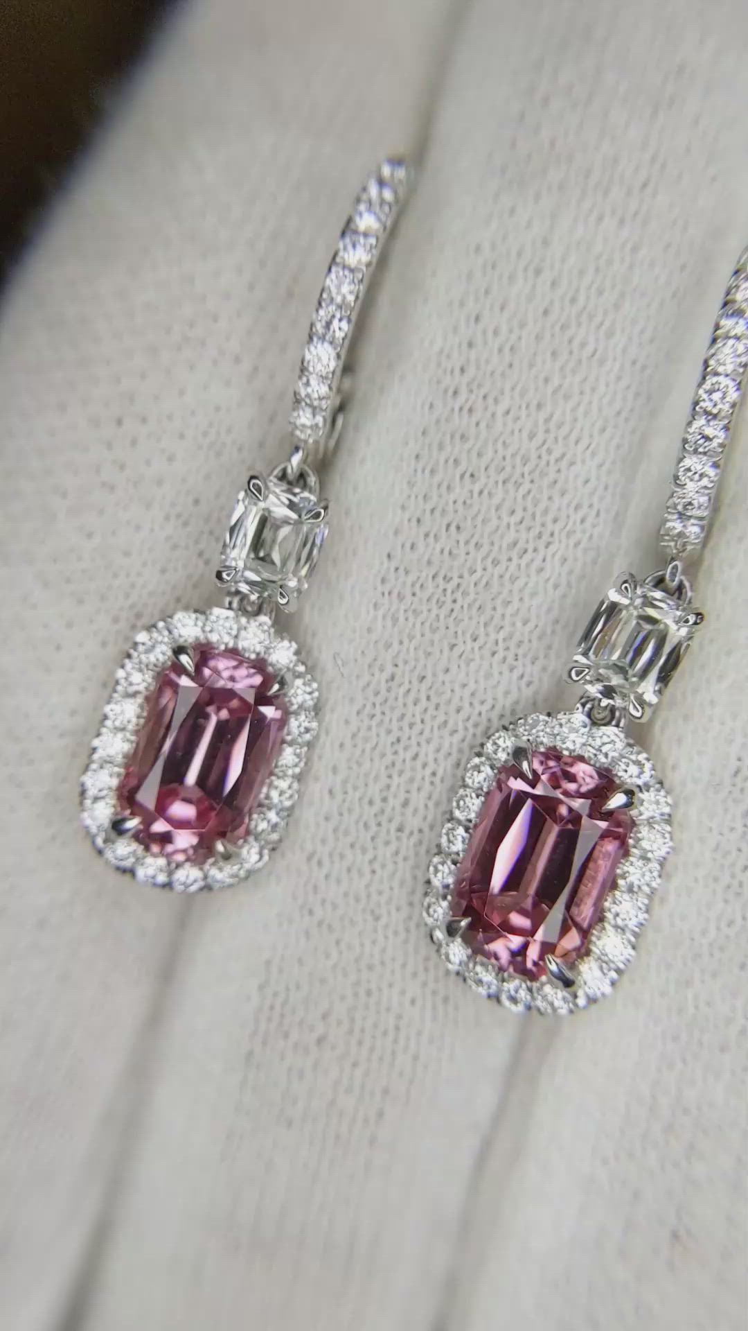 3.50&nbsp;Ct.Tw.Total Carat Weight Pink Spinel and Natural Diamond Pave Earrings, 18K White Gold Size Video