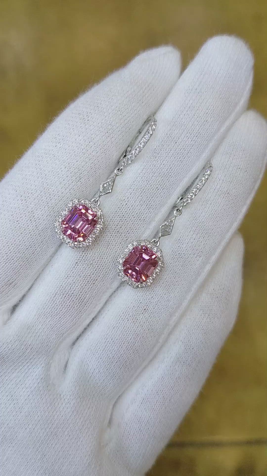 3.97&nbsp;Ct.Tw.Total Carat Weight Pink Spinel and Natural Diamond Pave Earrings, 18K White Gold Size Video