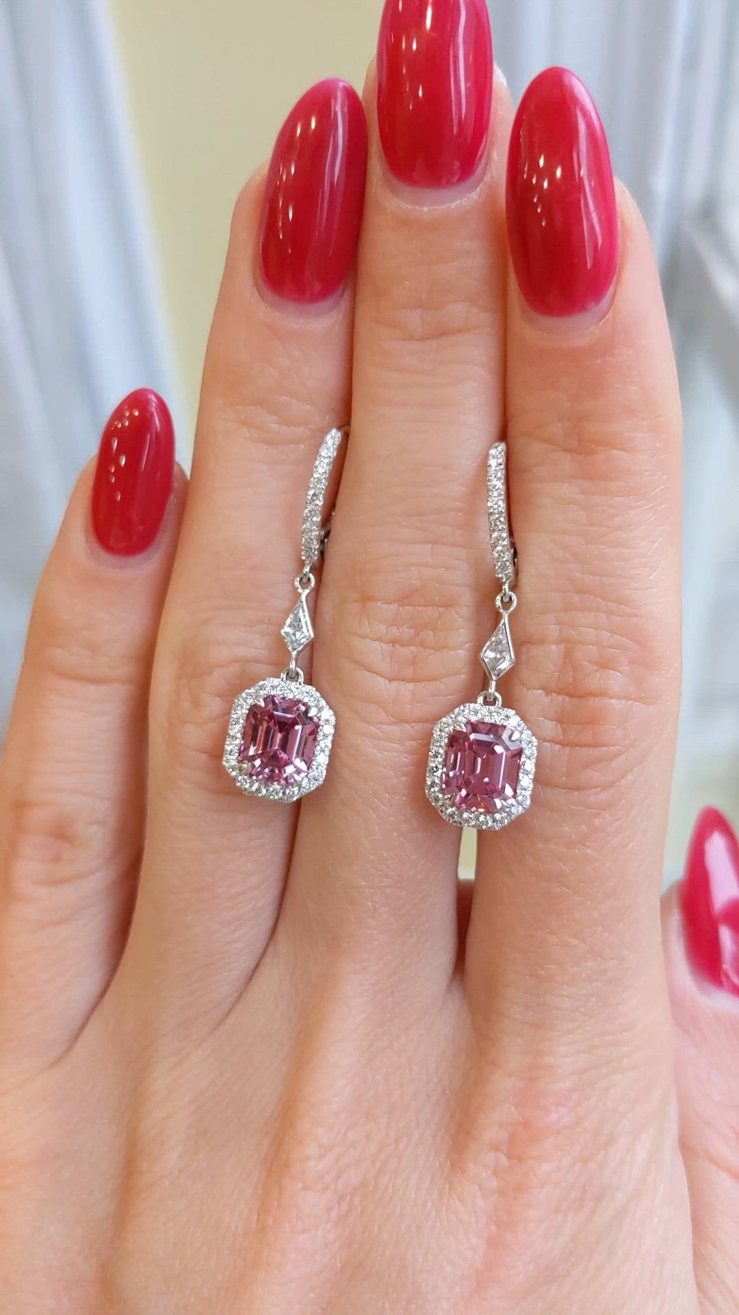 3.97&nbsp;Ct.Tw.Total Carat Weight Pink Spinel and Natural Diamond Pave Earrings, 18K White Gold Size Video