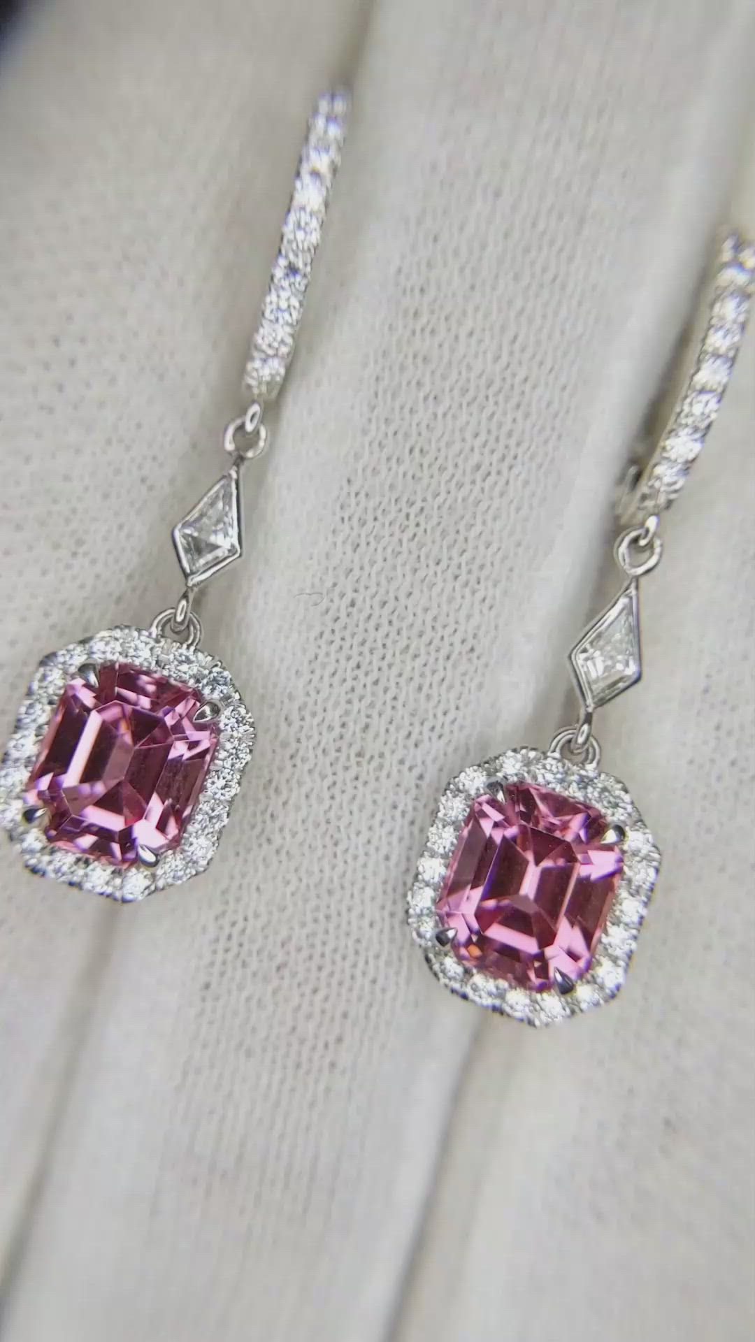 3.97&nbsp;Ct.Tw.Total Carat Weight Pink Spinel and Natural Diamond Pave Earrings, 18K White Gold Size Video