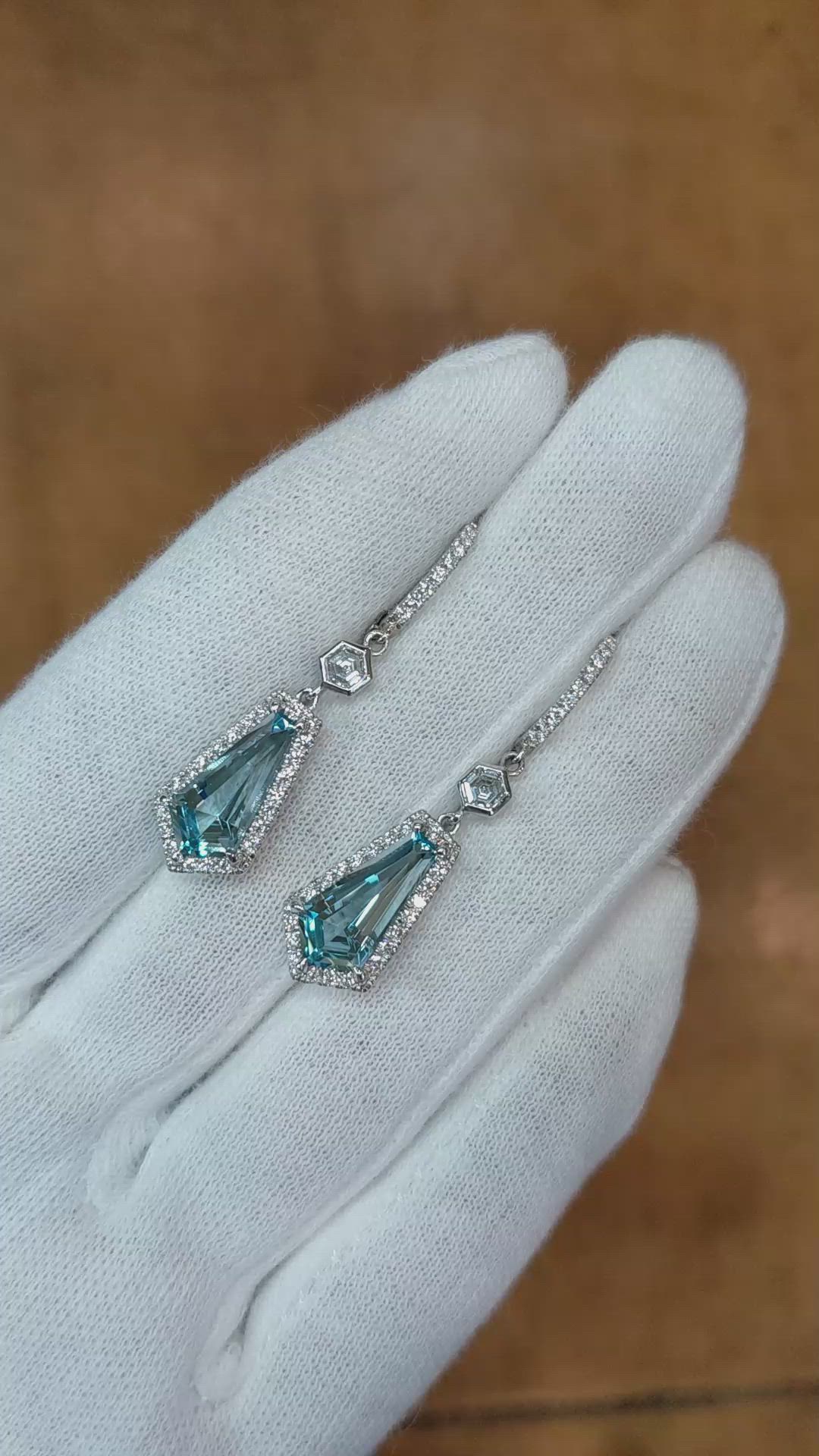 3.98&nbsp;Ct.Tw.Total Carat Weight Blue Aquamarine and Natural Diamond Pave Earrings, 18K White Gold Size Video