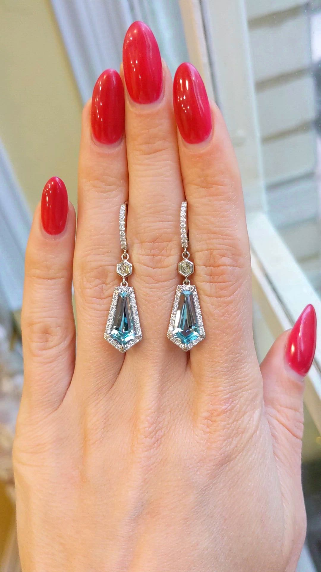 3.98&nbsp;Ct.Tw.Total Carat Weight Blue Aquamarine and Natural Diamond Pave Earrings, 18K White Gold Size Video