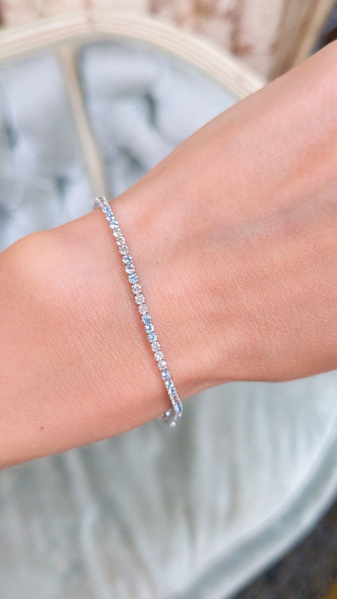 0.88 Ct.Tw.Total Carat Weight Blue Aquamarine and Natural Diamond Tennis/Line Bracelet, 14K White Gold Size Video
