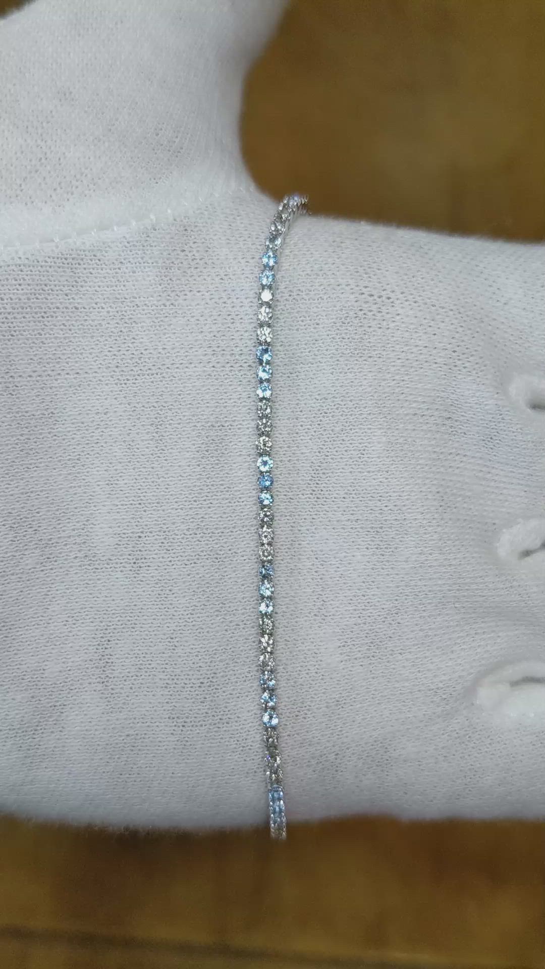 0.88 Ct.Tw.Total Carat Weight Blue Aquamarine and Natural Diamond Tennis/Line Bracelet, 14K White Gold Size Video