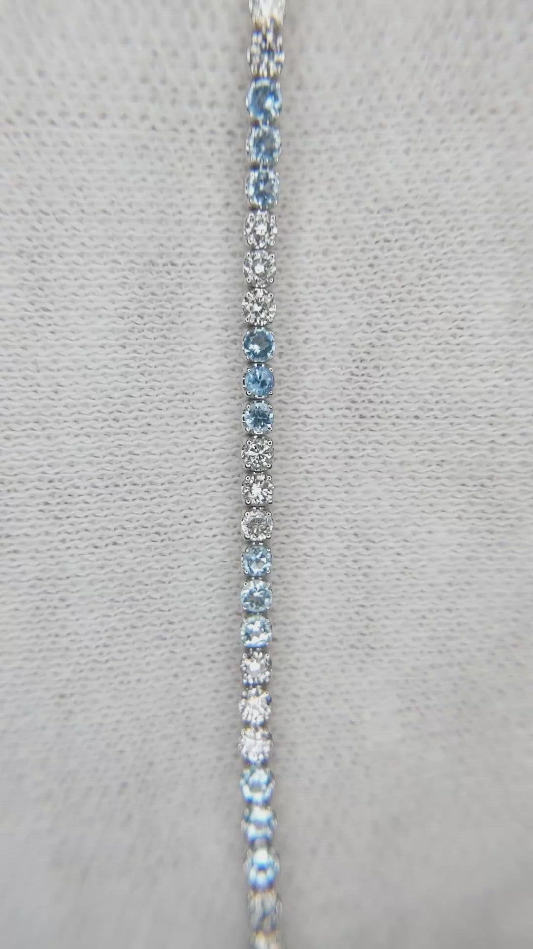 0.88 Ct.Tw.Total Carat Weight Blue Aquamarine and Natural Diamond Tennis/Line Bracelet, 14K White Gold Size Video