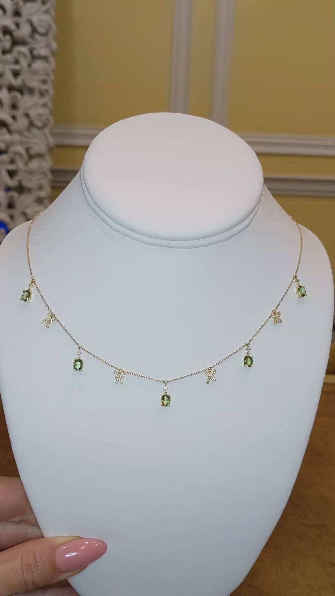 2.09 Ct. Brownish Green Peridot and Natural Diamond Pave Necklace, 14K Yellow Gold Size Video