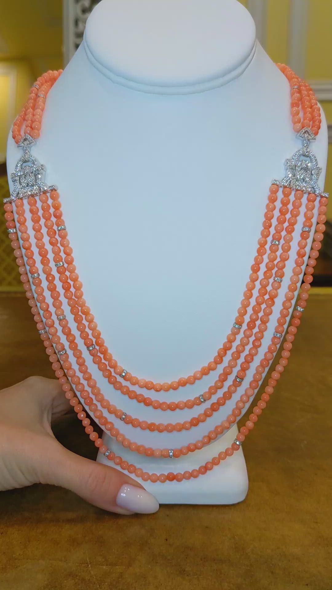 331.91 Ct. Salmon (Orangish Red) Coral and Natural Diamond Pave Necklace, 14K White Gold Size Video