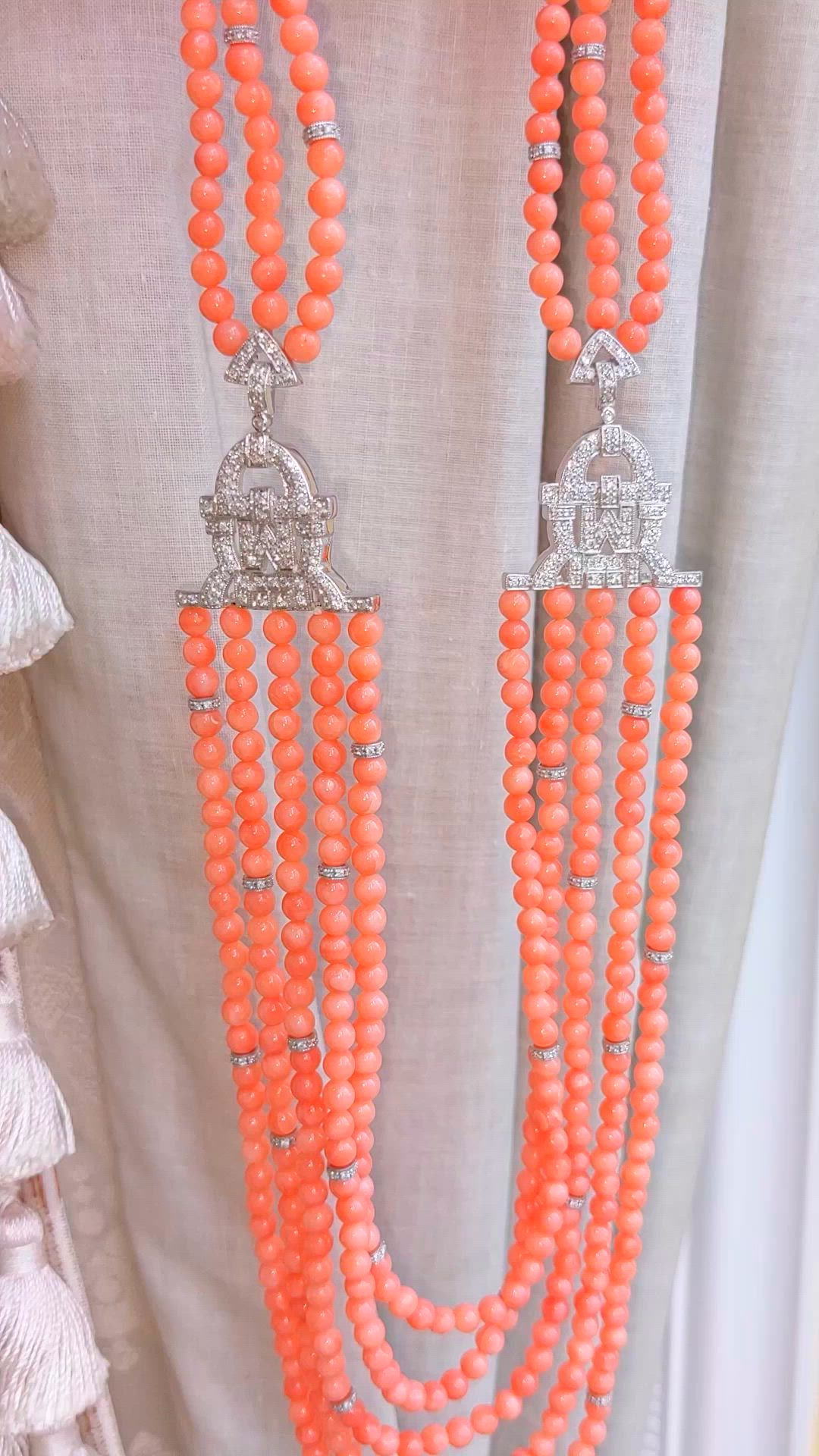 331.91 Ct. Salmon (Orangish Red) Coral and Natural Diamond Pave Necklace, 14K White Gold Size Video