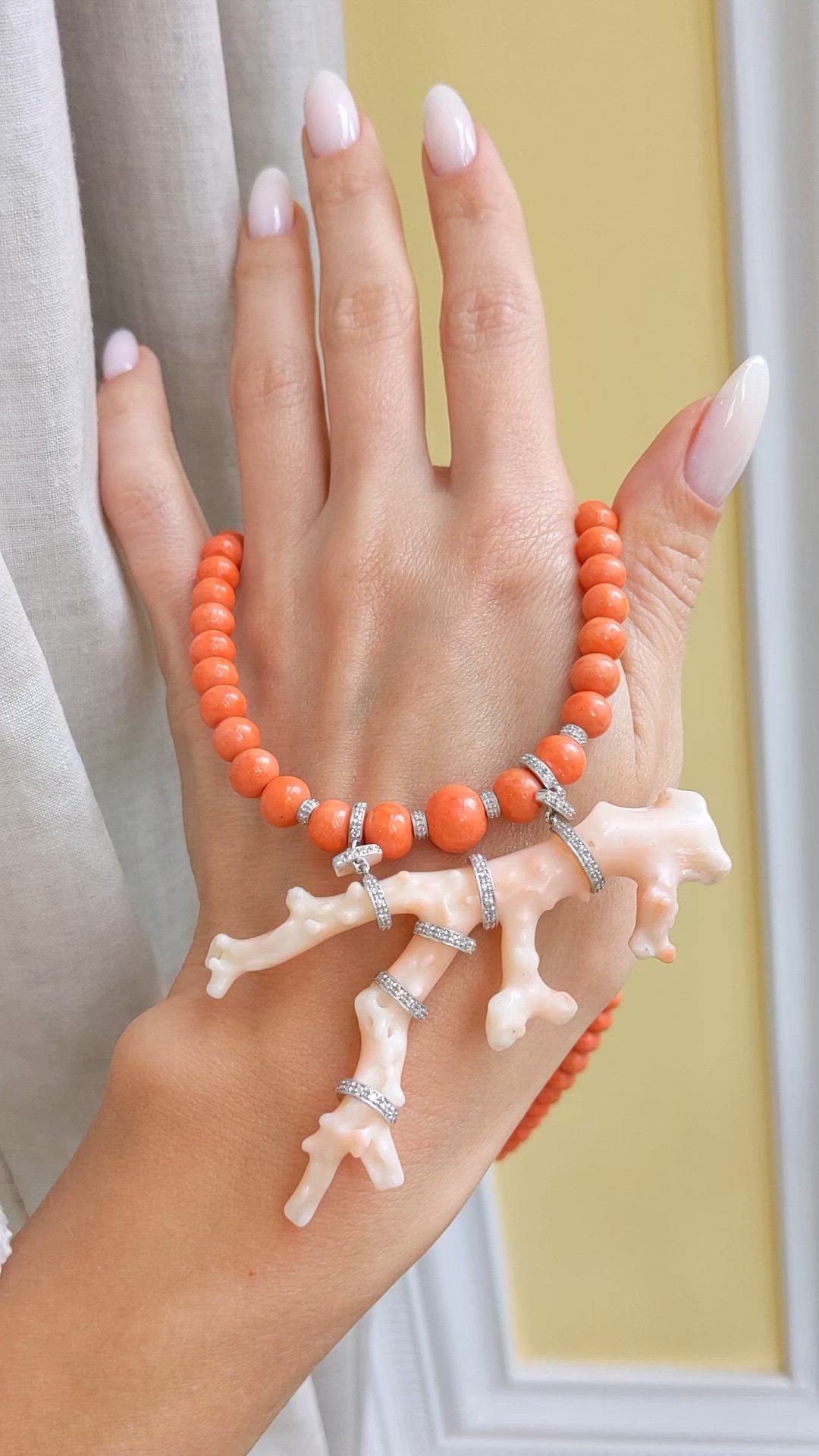 73.00 Ct. Mixed Coral and Natural Diamond Antique Style Necklace, 14K White Gold Size Video
