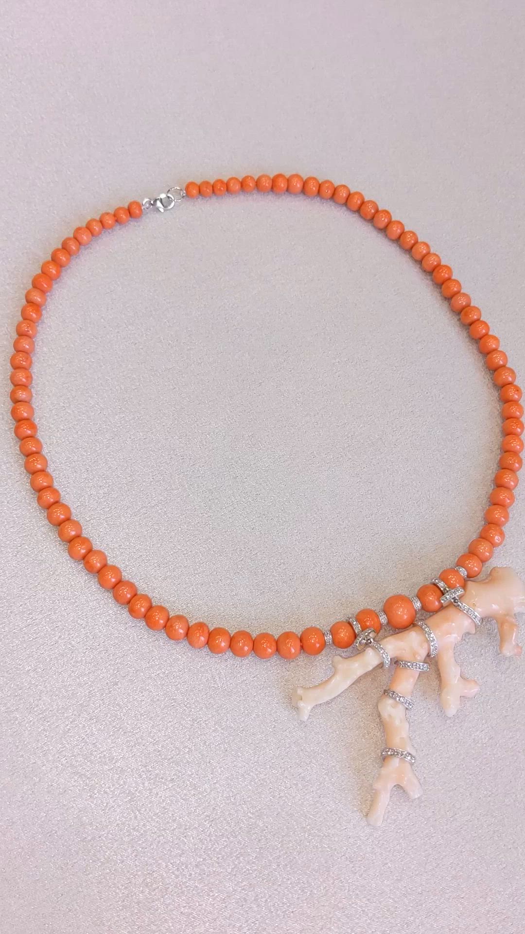 73.00 Ct. Mixed Coral and Natural Diamond Antique Style Necklace, 14K White Gold Size Video