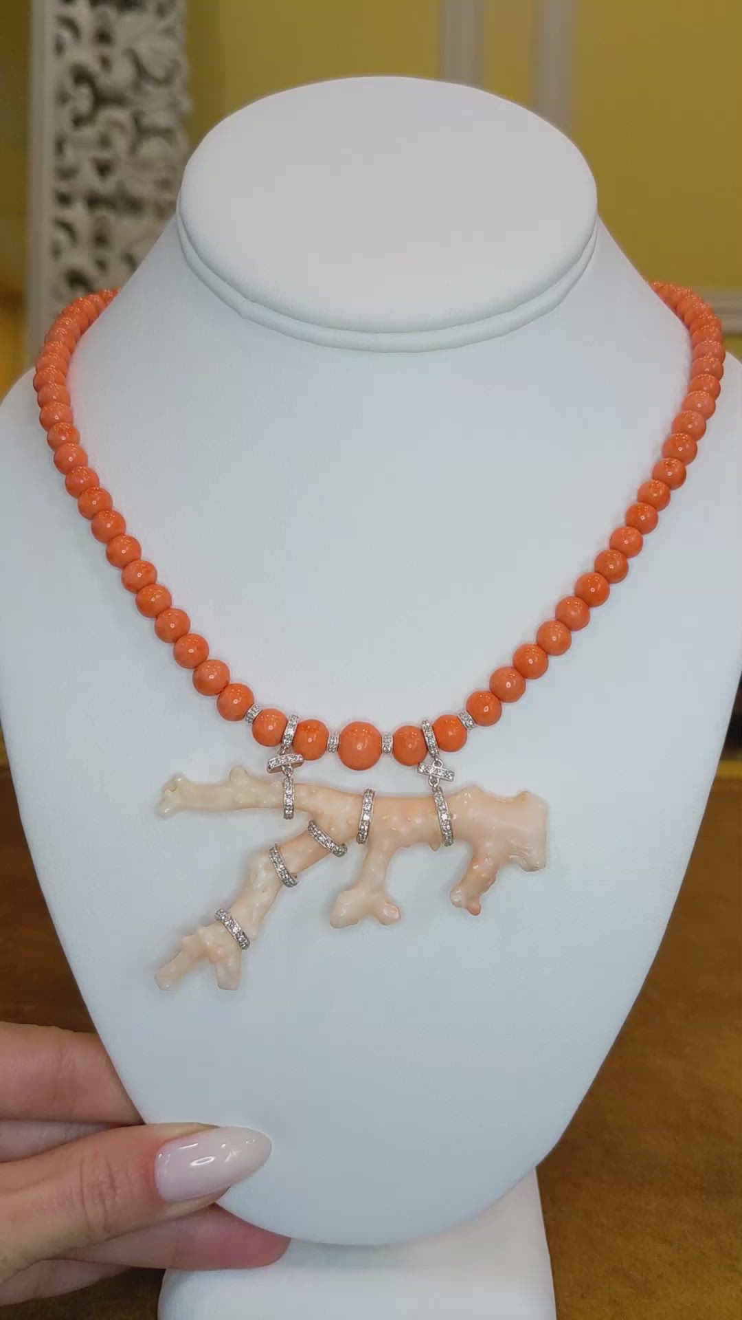 73.00 Ct. Mixed Coral and Natural Diamond Antique Style Necklace, 14K White Gold Size Video