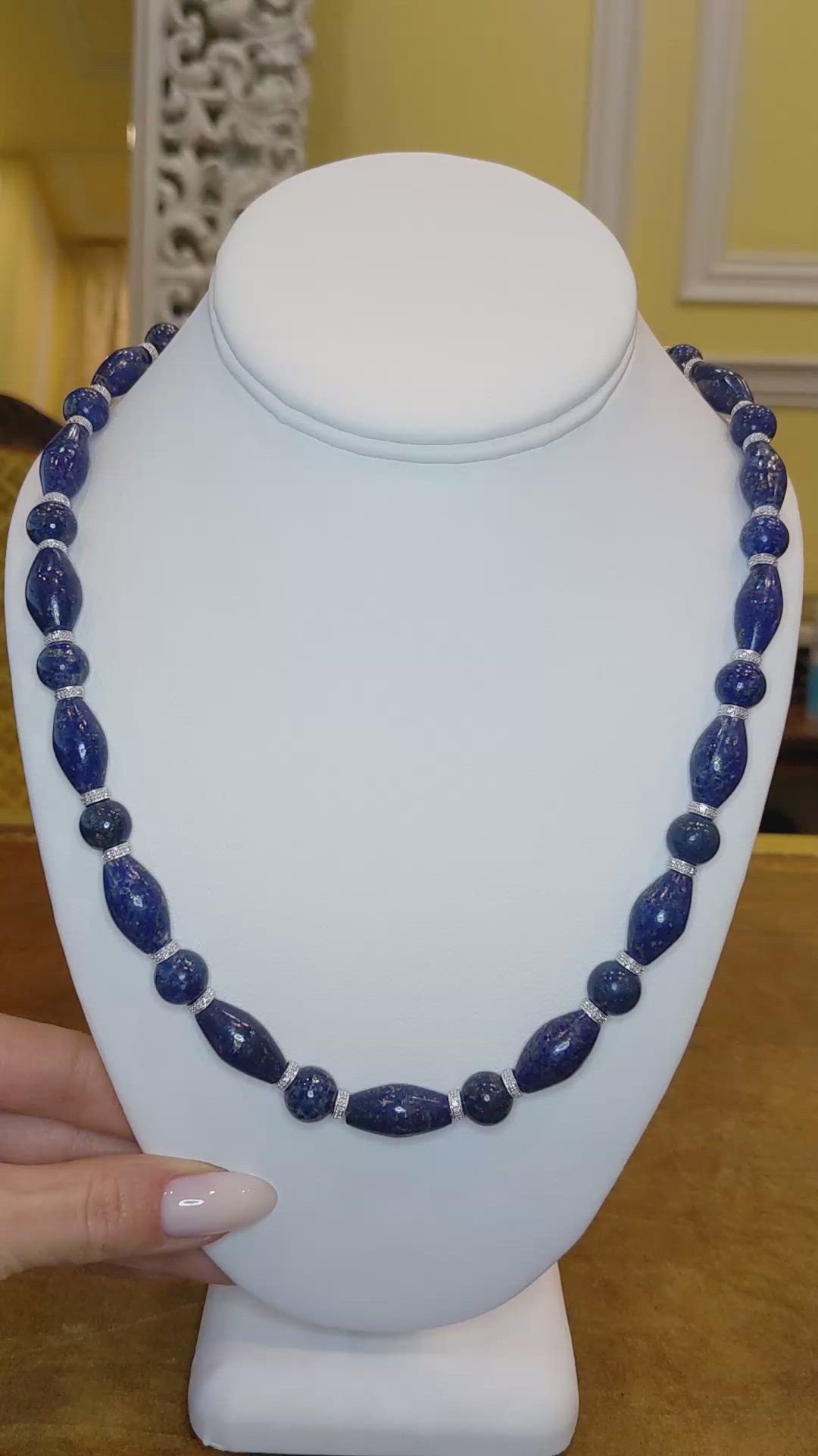 301.10 Ct. Lapis and Natural Diamond Antique Style Necklace, 14K White Gold Size Video