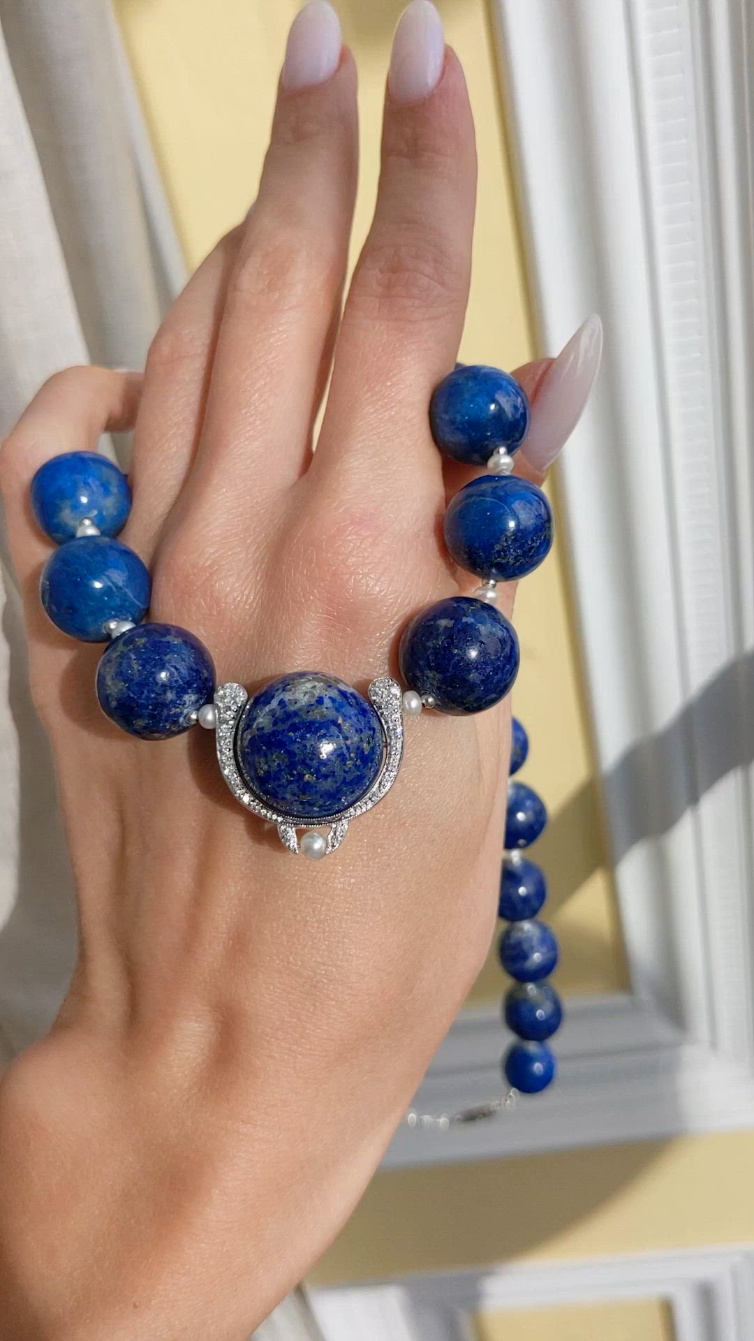 524.99 Ct. Lapis and Natural Diamond Halo Necklace, 14K White Gold Size Video