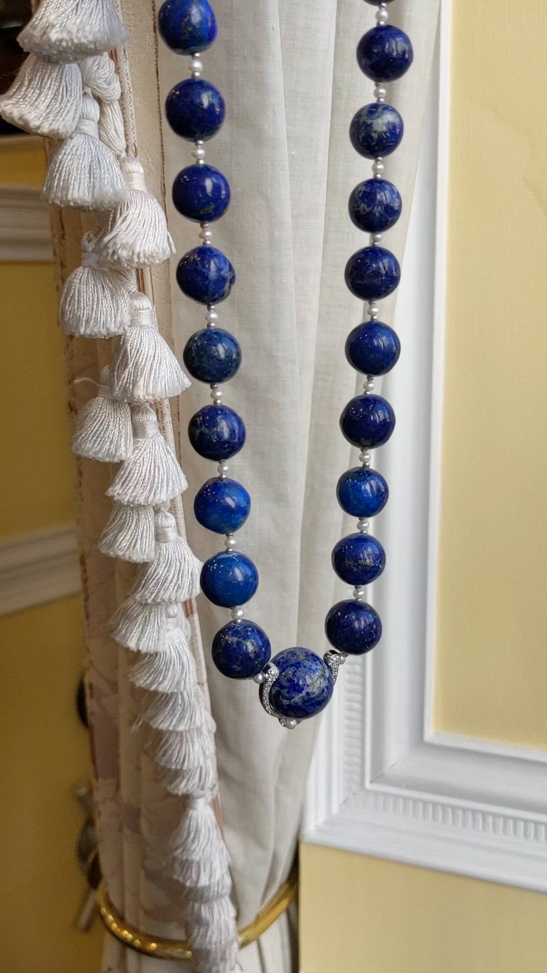 524.99 Ct. Lapis and Natural Diamond Halo Necklace, 14K White Gold Size Video