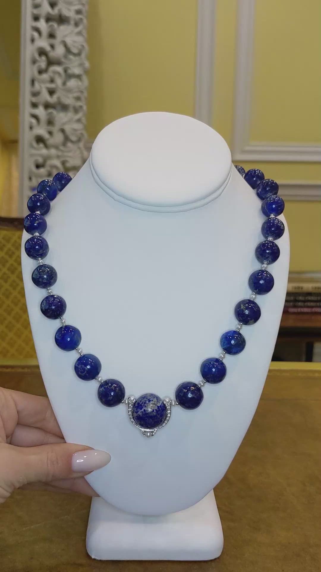 524.99 Ct. Lapis and Natural Diamond Halo Necklace, 14K White Gold Size Video