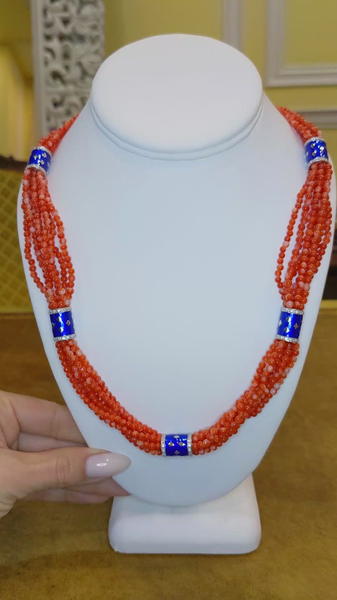 322.60 Ct. Salmon and White Coral and Natural Diamond Antique Style Necklace, 14K White Gold Size Video